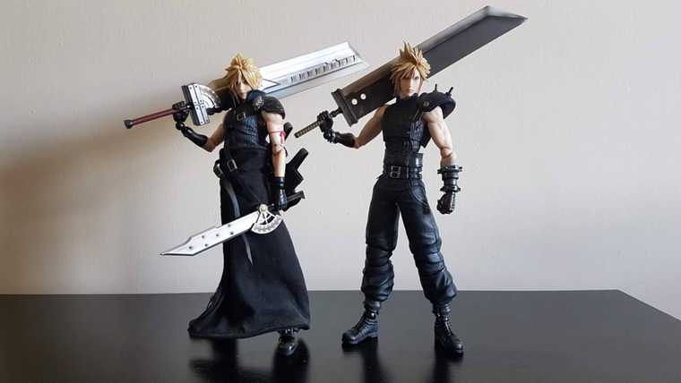 Photograph of Square Enix Play Arts Kai toys. Advent Children and Remake versions of Cloud Strife side-by-side.