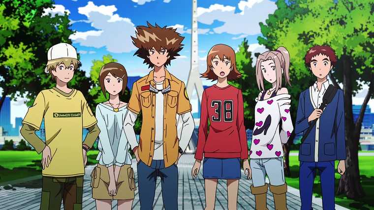 Six fashionably dressed young people standing outside during the day. They are gathered around several smaller monsters.