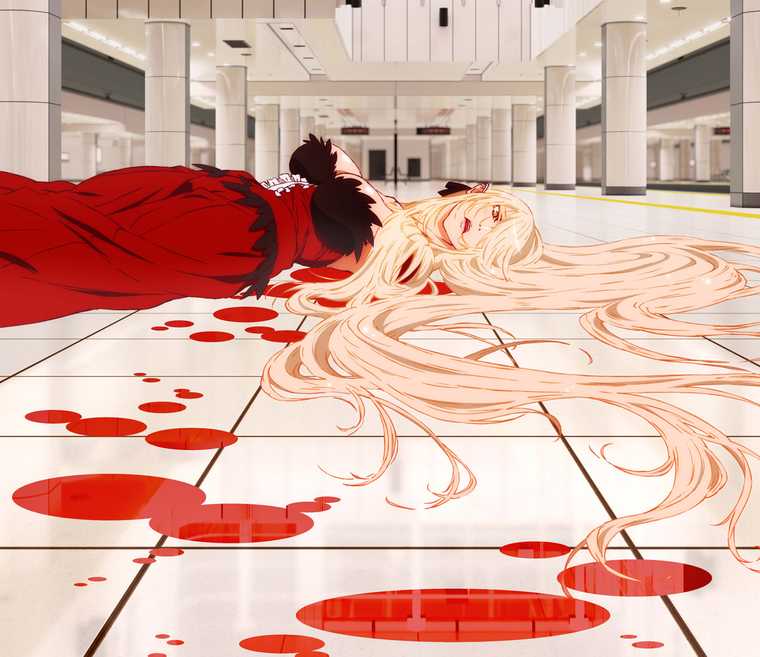 Screen from animated feature Kizumonogatari - Kiss-shot lying on her back in the middle of a subway platform.