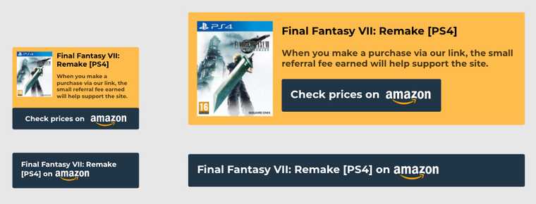 "Affiliate banner featuring Final Fantasy VII: Remake on Amazon."