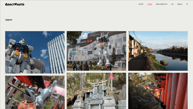 "A screen of the existing ReactPhoto gallery page, populated with photographs taken in Japan."