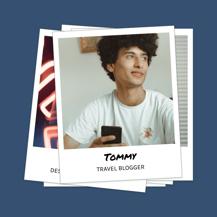 "User Experience persona - polaroid of a person. Subtitled 'Tommy: Travel Blogger'"