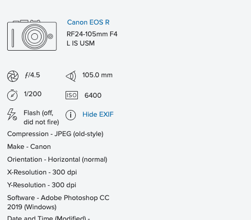 "Screen capture from Flickr - an excerpt of EXIF data, detailing camera make and additional settings."