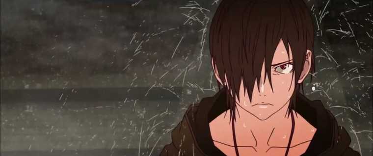 Screen from animated feature Kizumonogatari III: Reiketsu. High schooler Araragi Koyomi standing in the rain.
