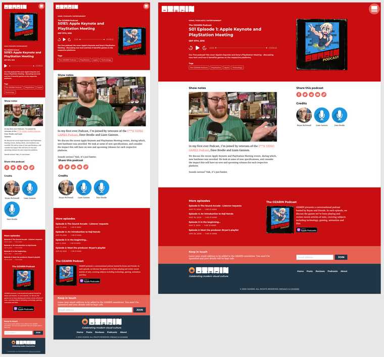 "A screen capture from the OZARIN redesign, featuring various device sizes. The podcast page template."