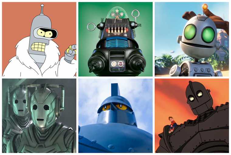 "Six portraits of famous robots. From left to right - top to bottom: Bender from TV animation Futurama. Robby the Robot from film Forbidden Planet. Clank from game Ratchet & Clank. Cybermen from TV series Doctor Who. Photo of Tetsujin 28 statue in Kobe, Japan. The Iron Giant from the animated film The Iron Giant."