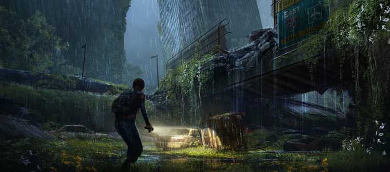 The Last of Us - concept artwork featuring Ellie walking through a ruined city scape overgrown with green plants.
