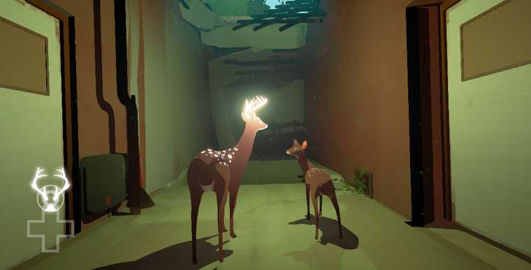Screenshot from Way To The Woods by Anthony Tan. A horned deer and her fawn.