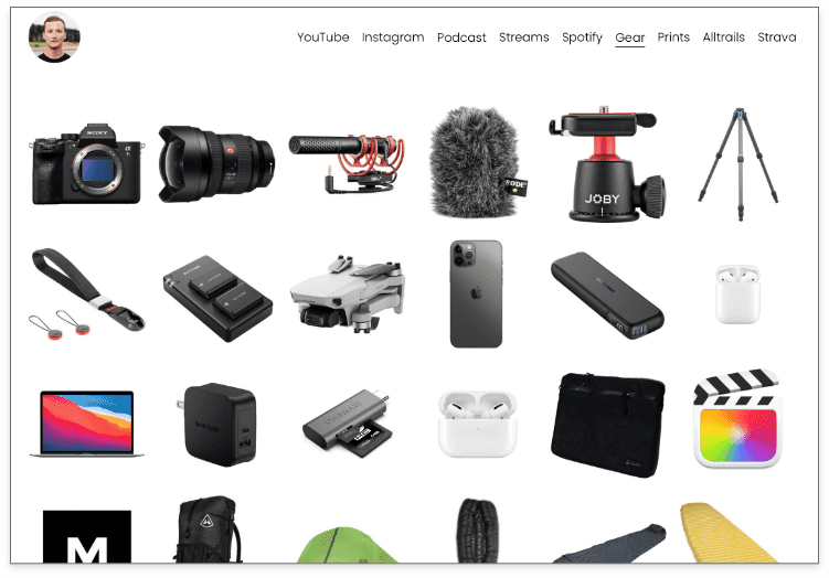 "Screen capture from Kraig Adams' home page - a grid layout featuring gear which he uses for photograph and hiking."