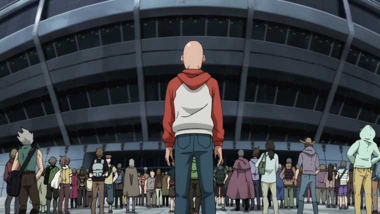 Saitama waits in a crowd outside a stadium as he prepares to take his hero exam