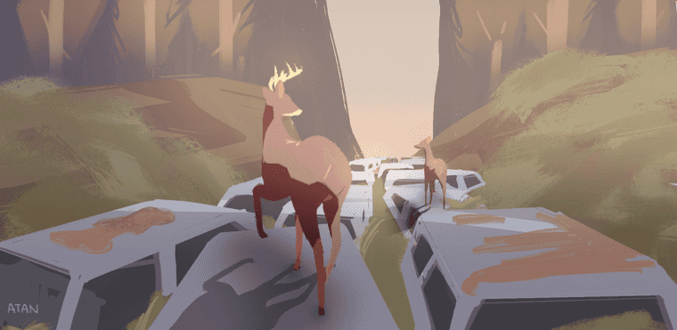 Concept Art from Way To The Woods. Features two deer following a path across rusted car rooftops.