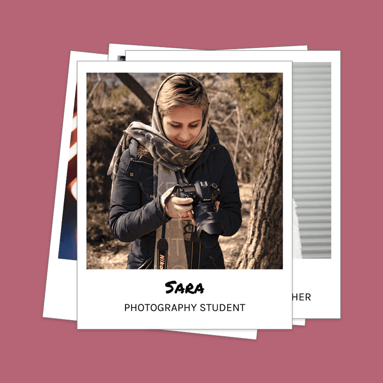 "User Experience persona - polaroid of a person. Subtitled 'Sara: Photography Student'"