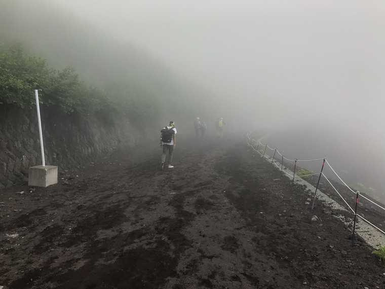 Decending the Yoshino trail, Mt Fuji. The path is barely visible through the fog.