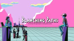 The promotional poster for Branching Paths, featuring an illustration of Tokyo Tower on a pink background.