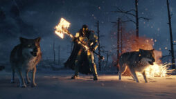 Screen capture from Destiny: Rise of Iron expansion. In a dark, snowy environment, an armoured man with large glowing warhammer is flanked by two wolves.