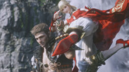 Screen capture from Final Fantasy XIV: Stormblood. A woman in flowing red and white robes kicks a muscular man from behind, and he blocks with his forearm.