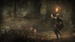 Promotional image from Dark Souls 3. An armoured swordsman walking through a dark swamp holding a torch above their head.