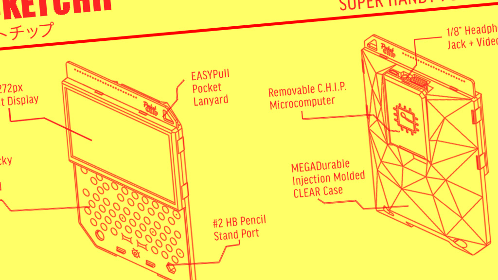 Isometric diagram of the Pocket Chip. Red lines on yellow background.