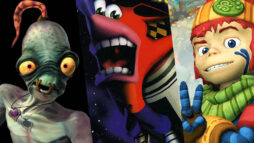 Three pieces of game art combined in a montage. Abe's Oddysee, Crash Bandicoot and The Last Tinker.