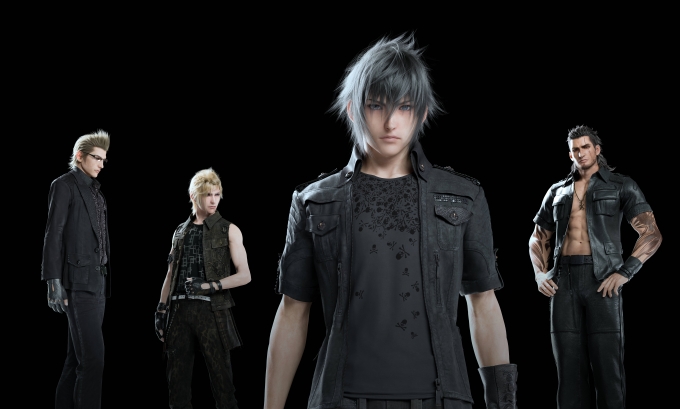 Promotional screen from Final Fantasy XV. Render of the four main protagonists, dressed in black.