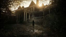 Promotional screen from Resident Evil 7. A lone figure walks towards a run-down mansion.