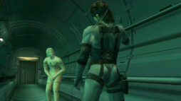 Screen capture from the game Metal Gear Solid 2. Older man wearing military gear (Snake) faces a naked young man (Raiden) in a tunnel.