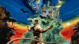 Classic artwork from the Nintendo game Castlevania. The protagonist wielding a whip looks towards a castle, where Dracula's image looms in the background.