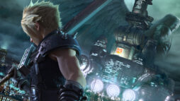 Promotional screen from Final Fantasy VII: Remake featuring a blond man (Cloud) carrying a large sword over his shoulder.