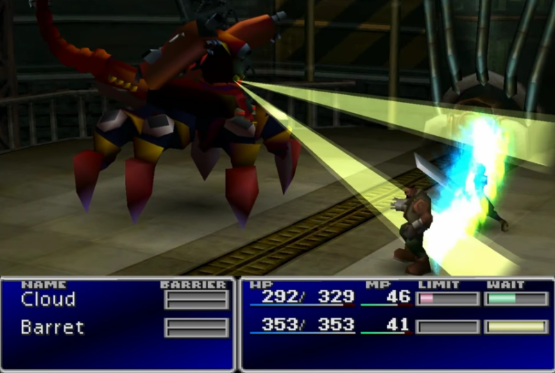 Screen from original Final Fantasy VII game on PlayStation. Heroes fighting a scorpion robot.