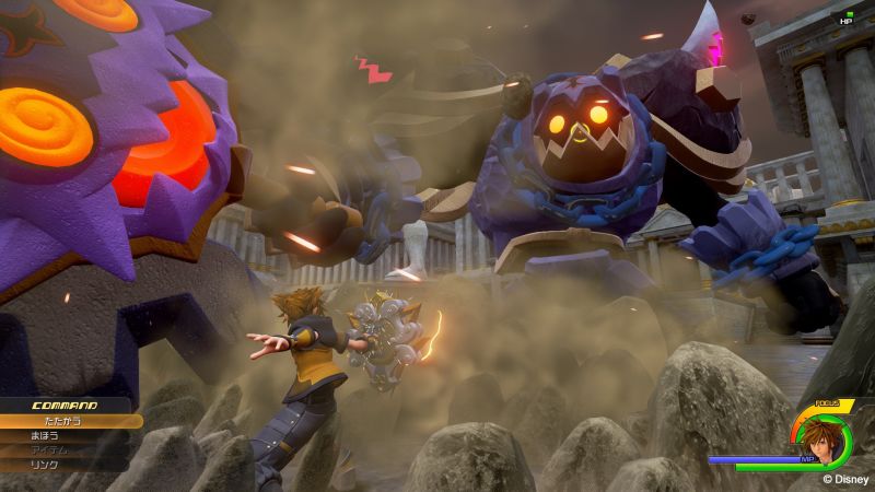 Kingdom Hearts 3 promotional screen. Young boy faces a large monster.