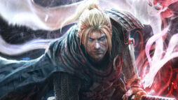 Promotional screen from Nioh. A blonde samurai draws his sword.