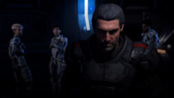 Screen capture from Mass Effect: Andromeda. Male with greying hair (Alec Ryder) looks intensely towards the camera.