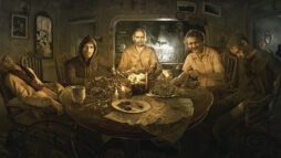 Promotional screen from Resident Evil 7. A family dinner, 5 ghoulish people sit around a dining table, with the camera taking the place of the 6th...