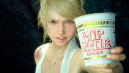 Promotional tie-in with Cup Noodle and Final Fantasy XV. A young blonde woman holds a Cup Noodle pot intensely towards the camera.