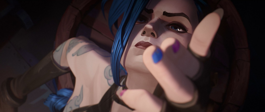 Screen from Arcane. A young blue haired girl (Jinx) points two fingers towards the camera in a shooting gesture.