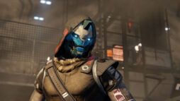 Screen capture from Destiny. Hooded android (Cayde 6) looking towards the right.