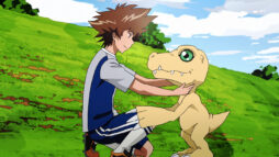 Young boy (Tai) kneeling on one knee, embracing a short, yellow dinosaur-like monster (Agumon).