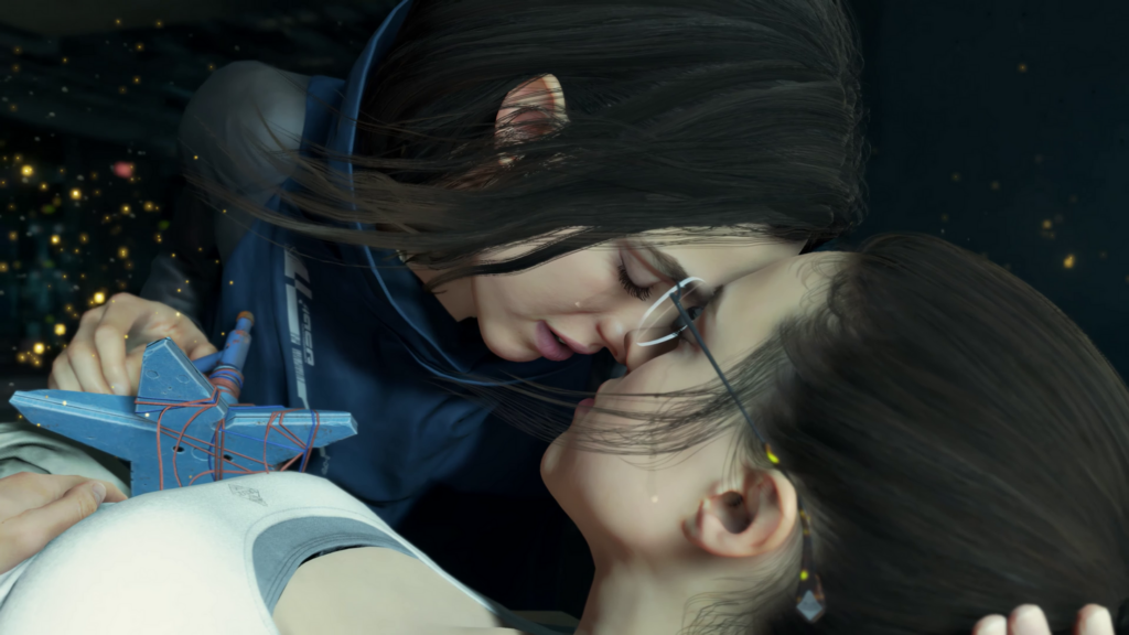 Death Stranding screen capture - Margaret Qualley's character, seemingly grieving, pressing her head against a duplicate of herself.