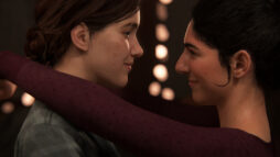 Screencapture from the E3 2018 trailer for The Last of Us: Part 2. Two young women dancing very closely, staring into each other's eyes.