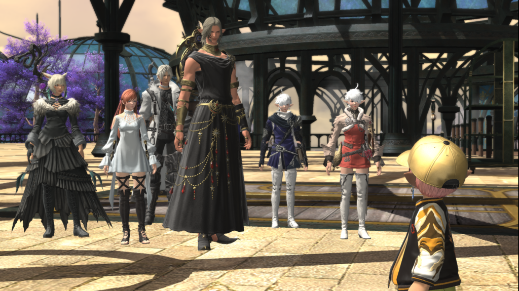 Screen capture from Final Fantasy XIV. Various characters looking towards a short, female, player character in a fantasy setting.