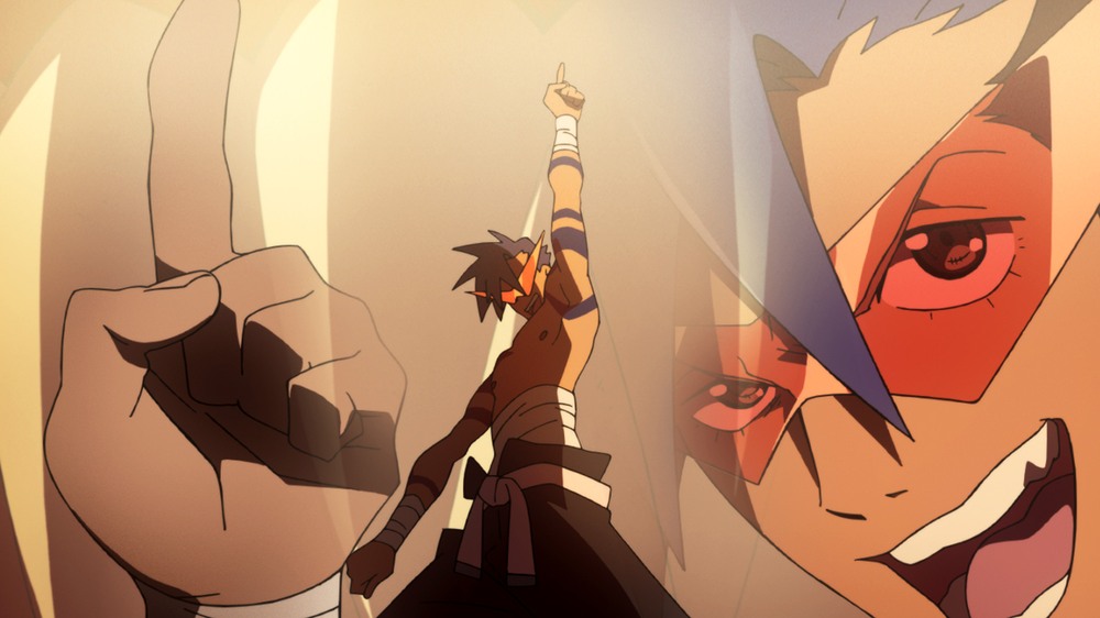 Topless blue haired man (Kamina) points to the sky triumphantly