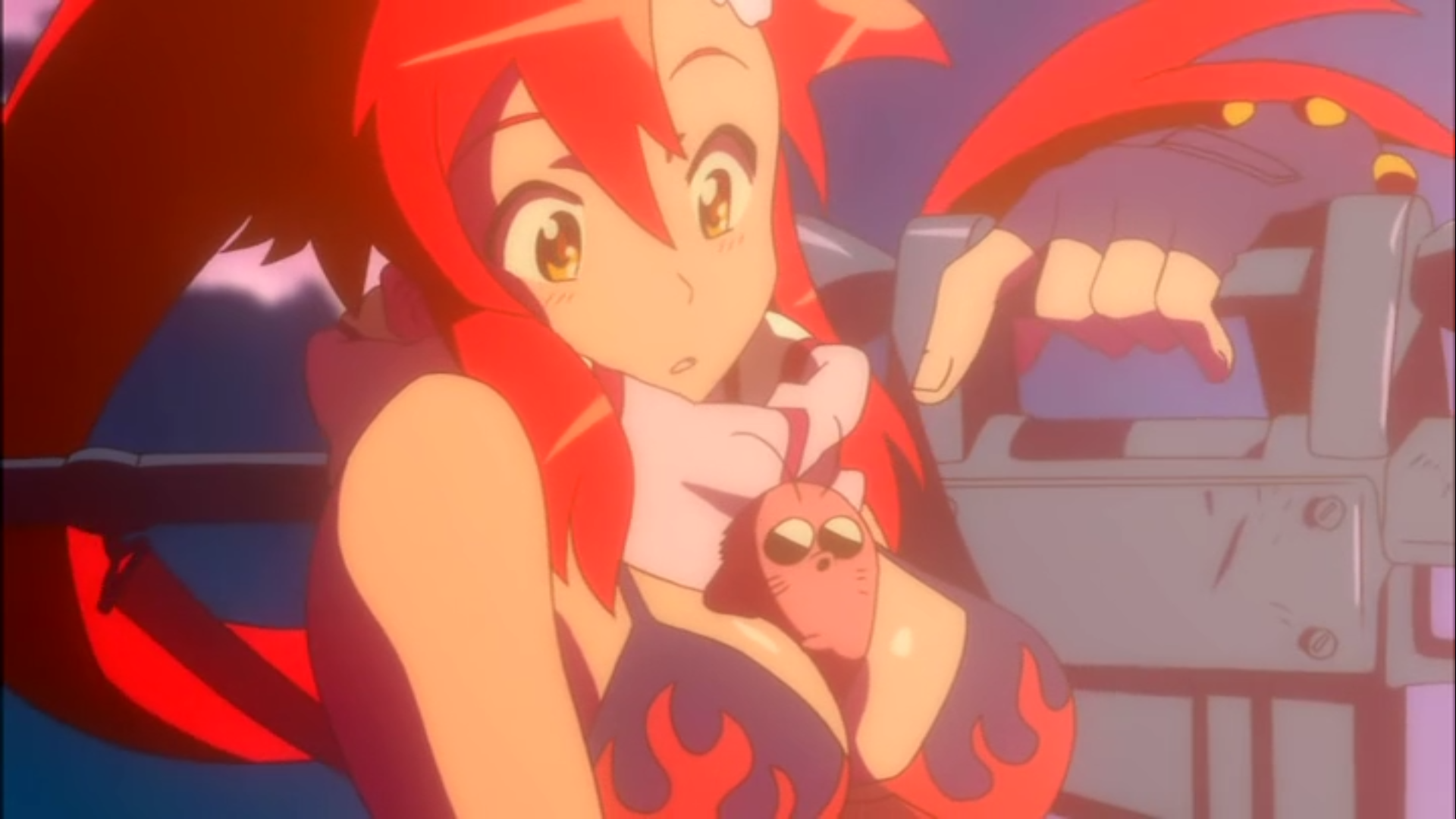 Young red-haired woman (Yoko) rests her rifle over her shoulder, as Boota (a tiny mole pig) rests in her cleavage