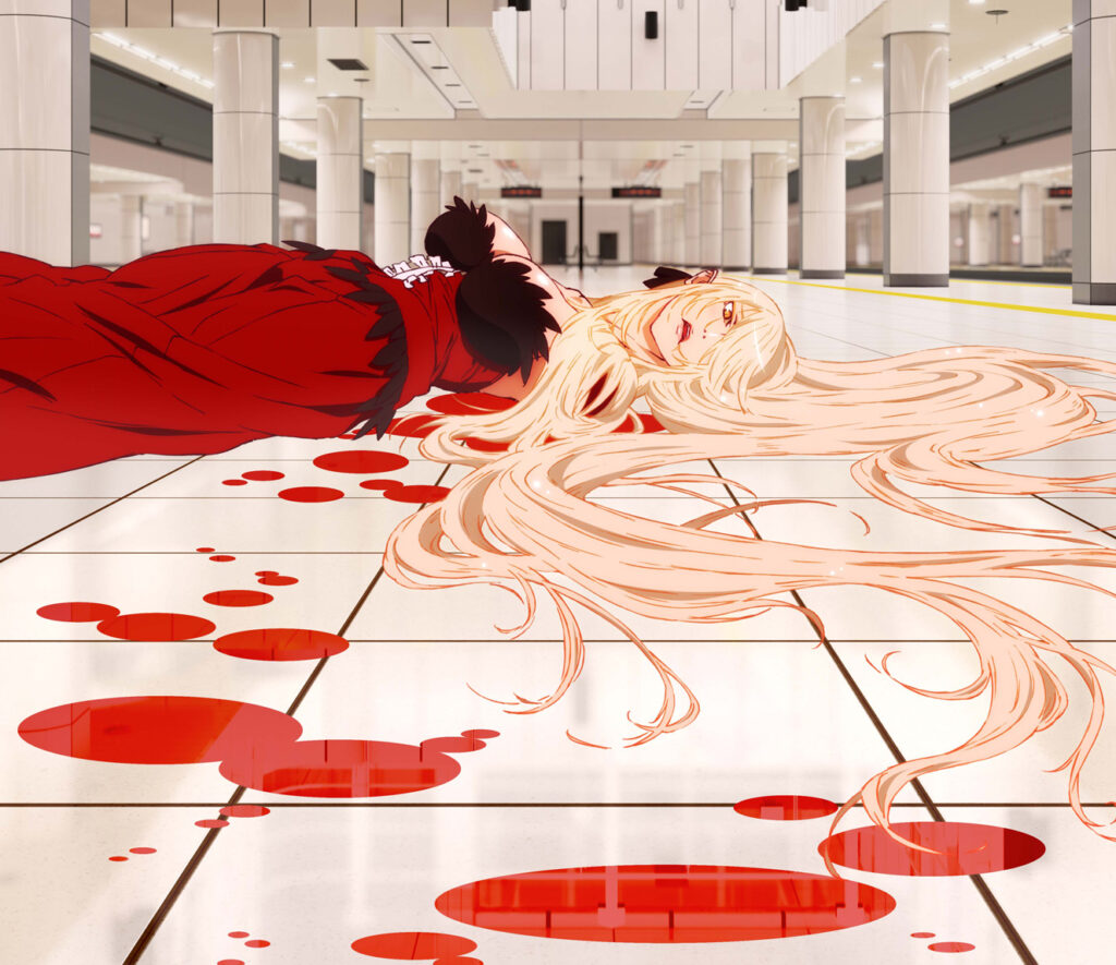 Screen from animated feature Kizumonogatari - Blonde woman with very long hair, Kiss-shot, lying on her back in the middle of a subway platform.