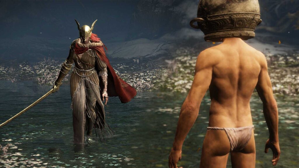 Screen from Elden Ring. Valkyrie-like warrior with a red cape and katana, confronted by loin-cloth wearing slim male with a ceramic jar covering his head.