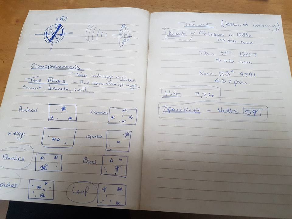 Handwritten notes relating to a puzzle game.