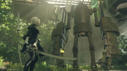 Promotional screen from NieR: Automata. The protagonist, a young woman with silver hair and a katana, faces a large robot in an overgrown environment.