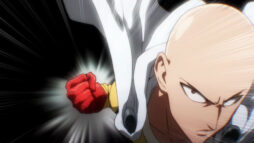 Screen capture from One Punch Man. Bald male protagonist, Saitama, draws back his fist as he prepares to punch.