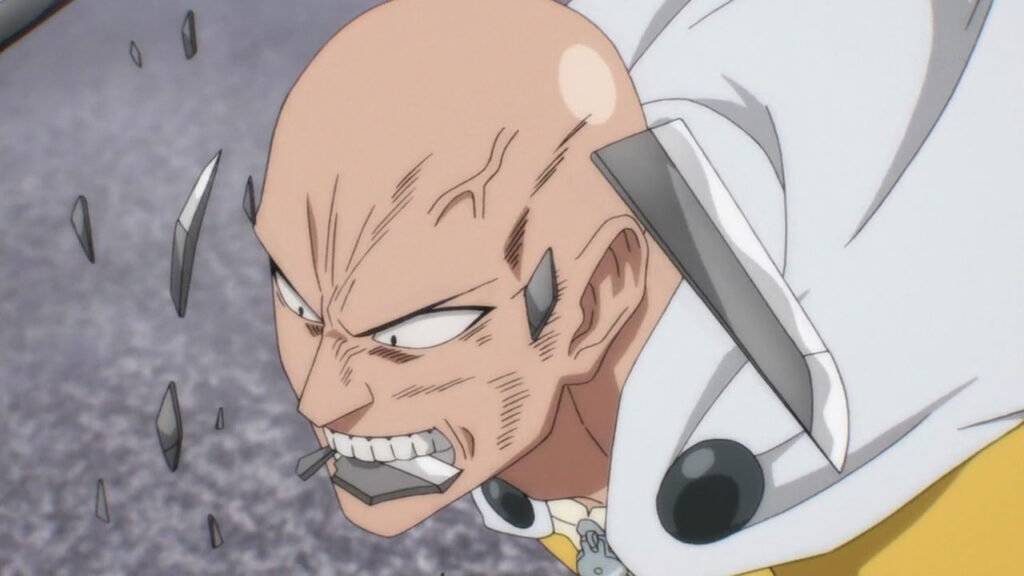 Screen capture from One Punch Man. Bald male protagonist, Saitama, effortlessly shatters a katana, by biting it.