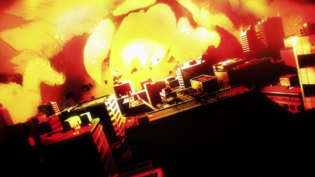 Screen capture from One Punch Man. A big explosion in the middle of a city.