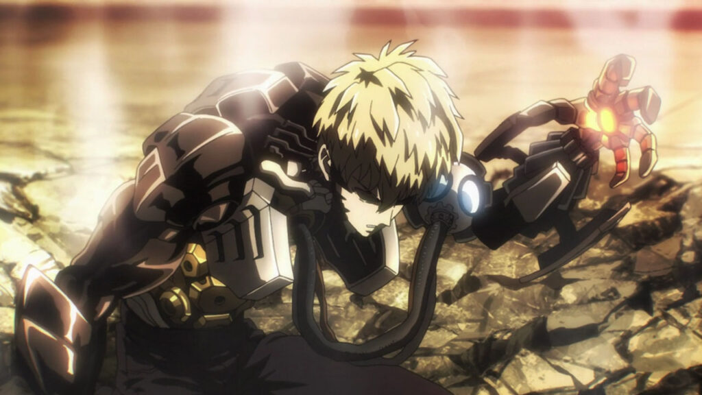 Screen capture from One Punch Man. Human cyborg, Genos, having suffered damage exposing his robotic skeleton, lies in a crater.